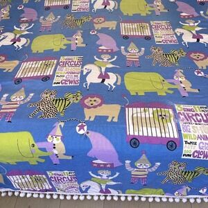 Vintage Fieldcrest Circus Bedspread Twin Blue Pom Pom Trim Animals Clowns USA